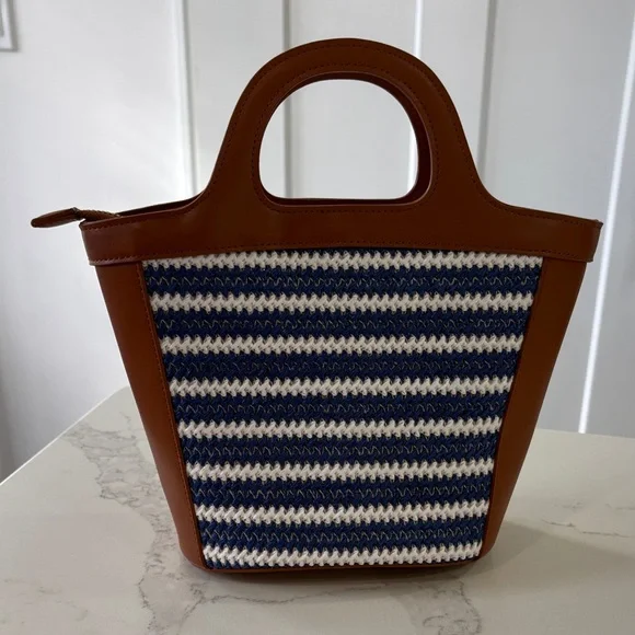 Ann Taylor Blue & White Crochet Stripe and Tan Leather Tote Bag Purse - Picture 1 of 8